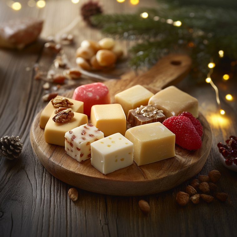 Marzipanbrot und Weihnachtskonfekt auf einem Holzteller vor weihnachtlicher Dekoration