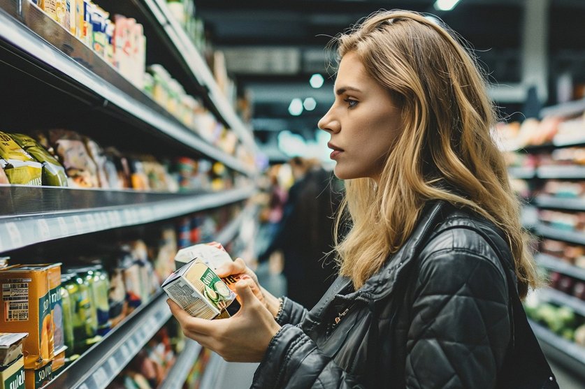Eine Frau mit einem Lebensmittel in der Hand im Supermarkt.