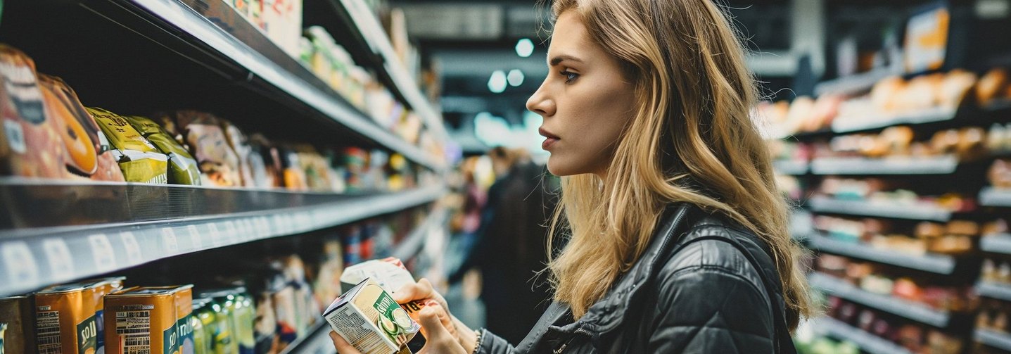 Eine Frau mit einem Lebensmittel in der Hand im Supermarkt.