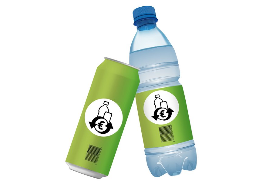 Illustration einer Getränkedose aus Metall und einer PET-Flasche mit Einwegpfand-Logo und Barcode