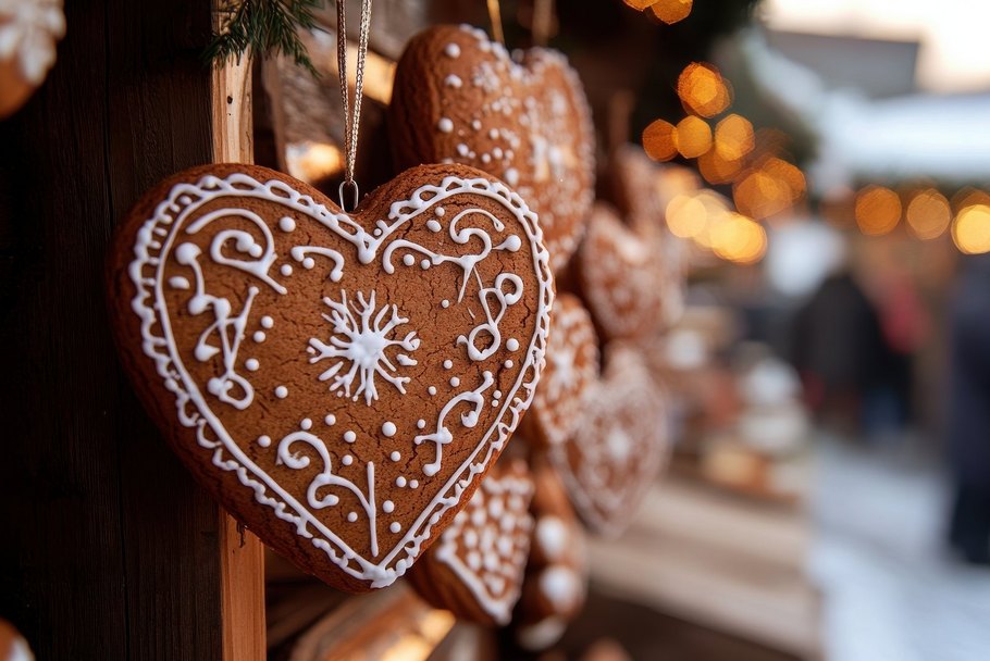 Ein dekoriertes Lebkuchenherz hängt an einem Stand am Weihnachtsmarkt.