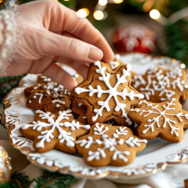 Das Bild zeigt die Hand einer Person, die einen Lebkuchen in Sternform von einer Platte nimmt.