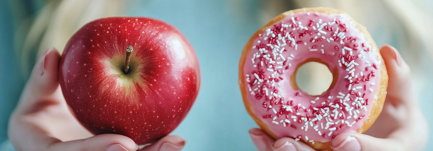 Nahaufnahme von Frauenhänden, die links einen Apfel und rechts einen Donut in die Kamera halten.