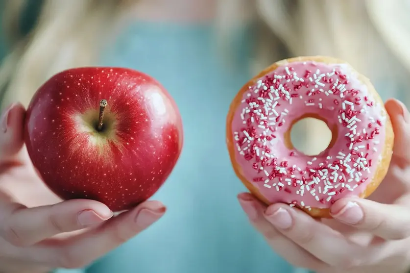 Nahaufnahme von Frauenhänden, die links einen Apfel und rechts einen Donut in die Kamera halten.