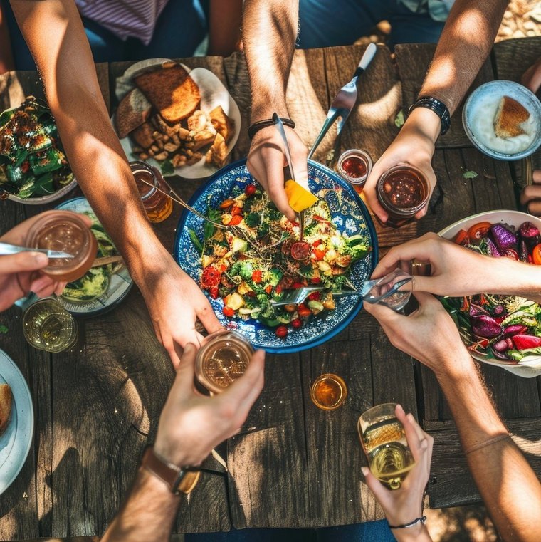 Eine Gruppe von Menschen, die an einem gedeckten Tisch sitzt, auf dem verschiedene Gerichte zu finden sind.